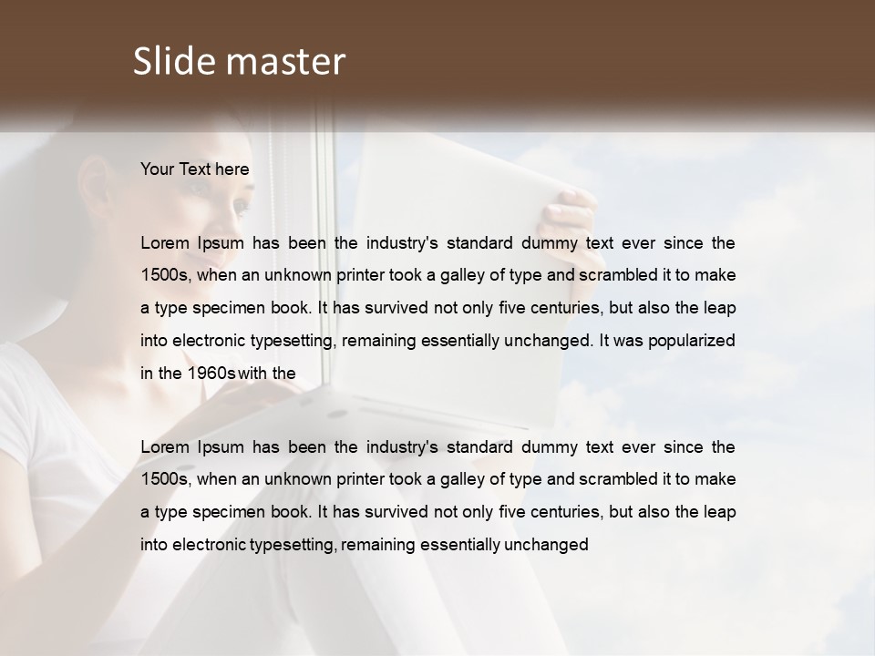 A Woman Sitting On A Window Sill Using A Laptop Computer PowerPoint Template