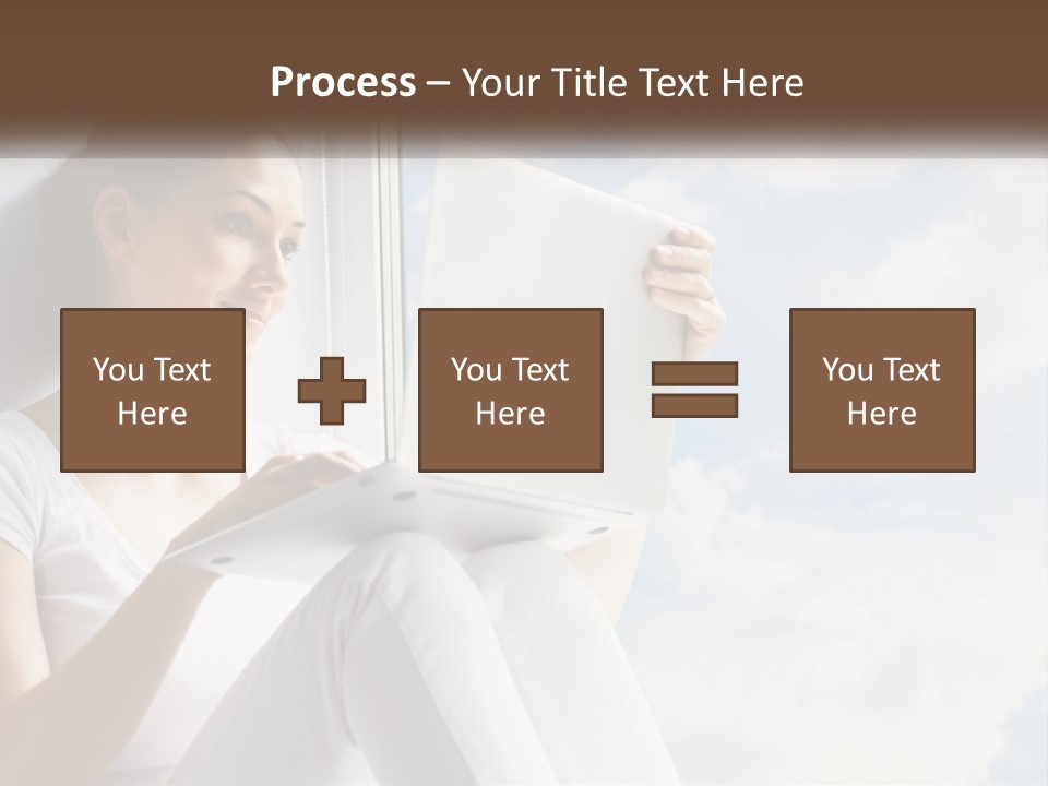 A Woman Sitting On A Window Sill Using A Laptop Computer PowerPoint Template