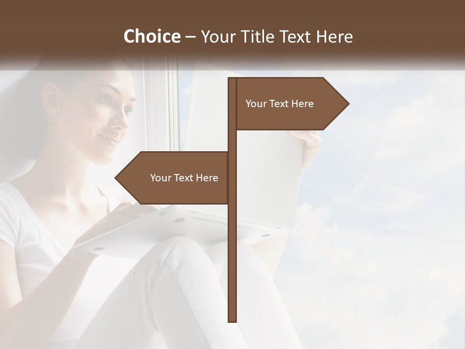 A Woman Sitting On A Window Sill Using A Laptop Computer PowerPoint Template