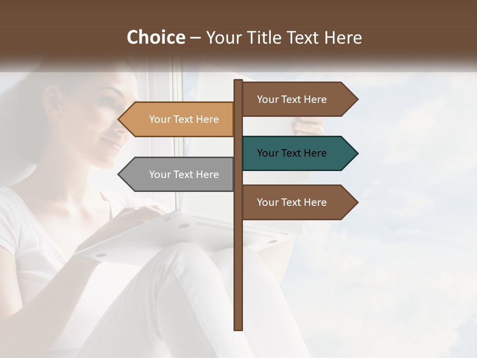 A Woman Sitting On A Window Sill Using A Laptop Computer PowerPoint Template