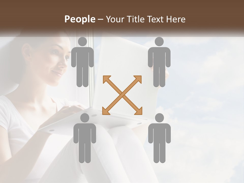 A Woman Sitting On A Window Sill Using A Laptop Computer PowerPoint Template