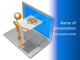 A Gold Man Standing In Front Of A Laptop PowerPoint Template