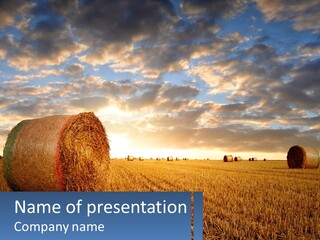 A Field With Hay Bales In The Foreground And A Sunset In The Background PowerPoint Template
