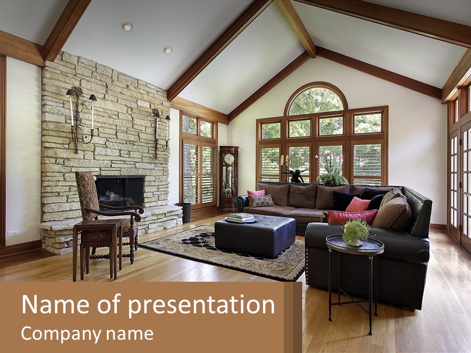 A Living Room Filled With Furniture And A Stone Fireplace PowerPoint Template