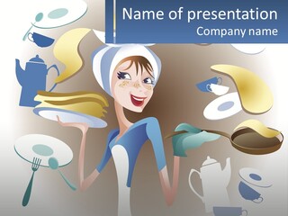 A Woman In A Blue Dress Is Holding A Plate PowerPoint Template