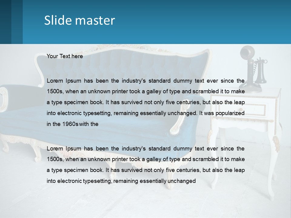 A Blue Couch Sitting Next To A White Table PowerPoint Template