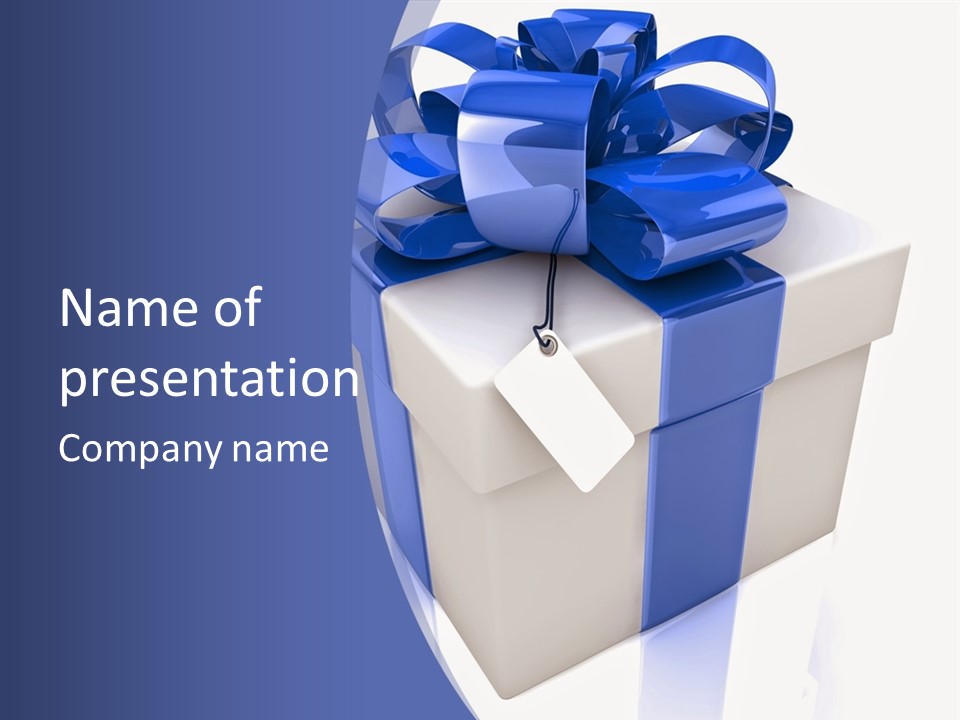 A Blue And White Present Box With A Tag On It PowerPoint Template