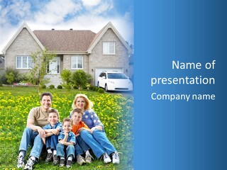 A Family Sitting On The Grass In Front Of A House PowerPoint Template