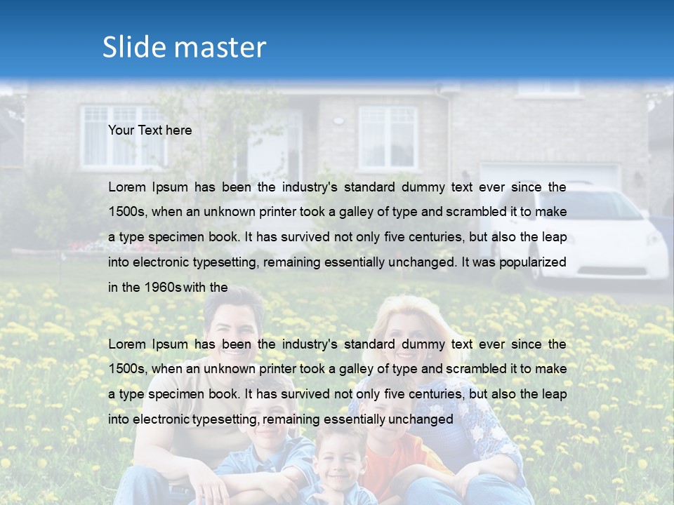 A Family Sitting On The Grass In Front Of A House PowerPoint Template