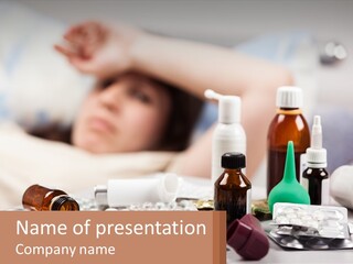 A Woman Laying In Bed Surrounded By Bottles Of Medicine PowerPoint Template