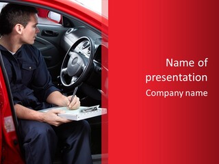 A Man Sitting In A Red Car Writing On A Clipboard PowerPoint Template