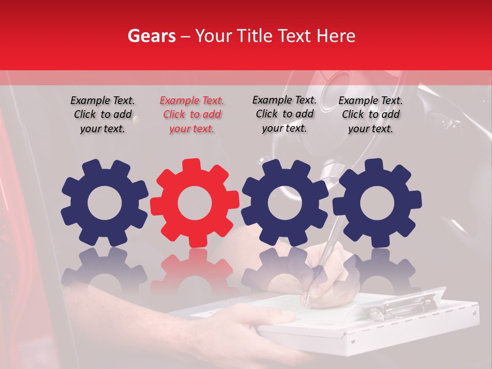 A Man Sitting In A Red Car Writing On A Clipboard PowerPoint Template