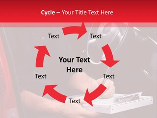 A Man Sitting In A Red Car Writing On A Clipboard PowerPoint Template