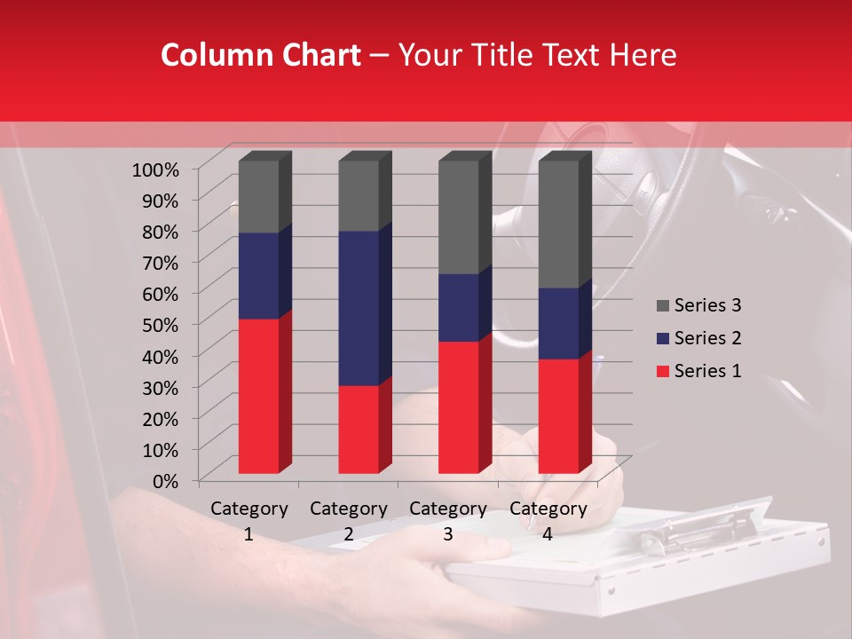 A Man Sitting In A Red Car Writing On A Clipboard PowerPoint Template
