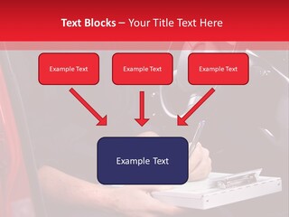A Man Sitting In A Red Car Writing On A Clipboard PowerPoint Template