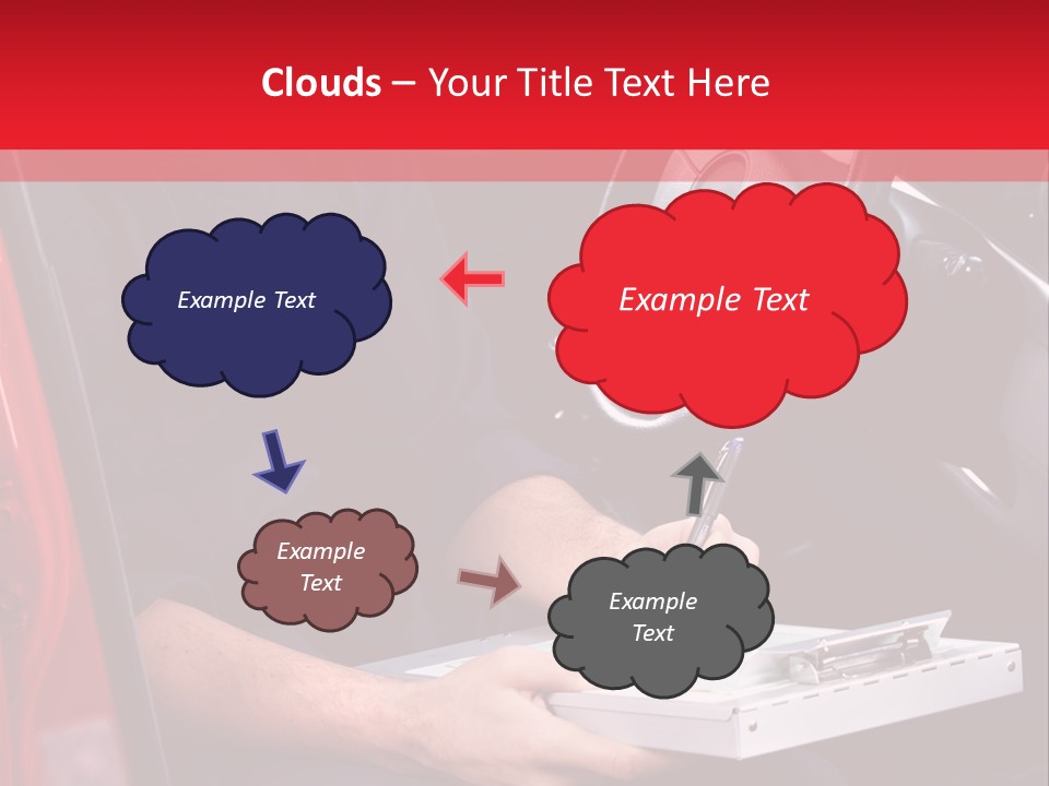 A Man Sitting In A Red Car Writing On A Clipboard PowerPoint Template