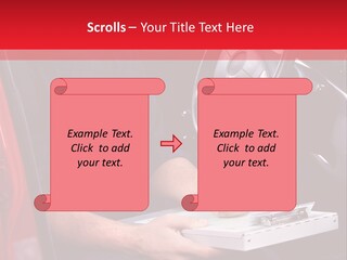 A Man Sitting In A Red Car Writing On A Clipboard PowerPoint Template