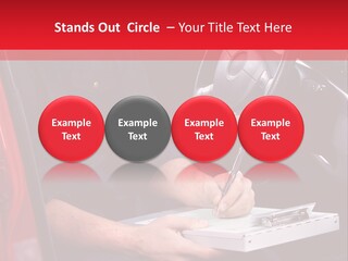 A Man Sitting In A Red Car Writing On A Clipboard PowerPoint Template
