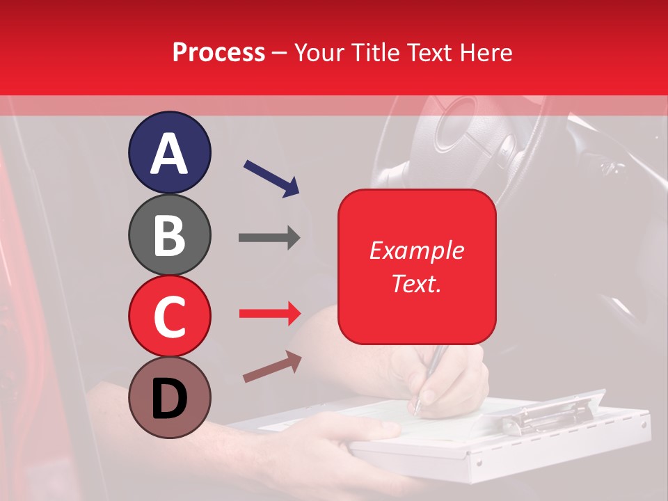 A Man Sitting In A Red Car Writing On A Clipboard PowerPoint Template