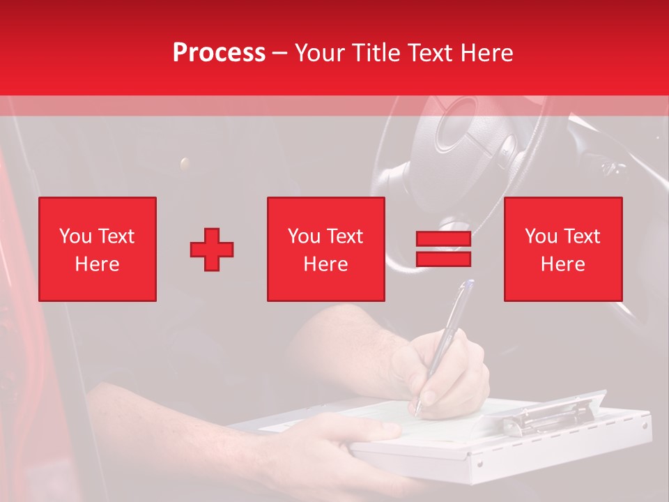 A Man Sitting In A Red Car Writing On A Clipboard PowerPoint Template