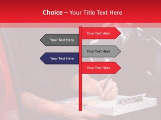 A Man Sitting In A Red Car Writing On A Clipboard PowerPoint Template
