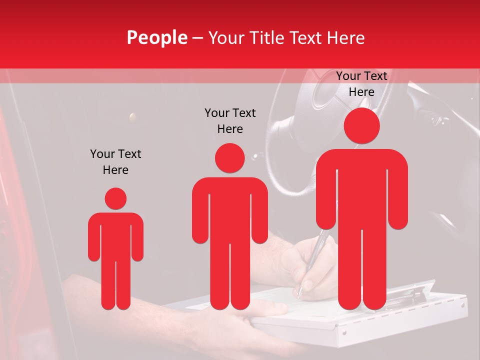 A Man Sitting In A Red Car Writing On A Clipboard PowerPoint Template