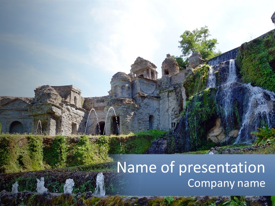 A Castle With A Waterfall In The Middle Of It PowerPoint Template