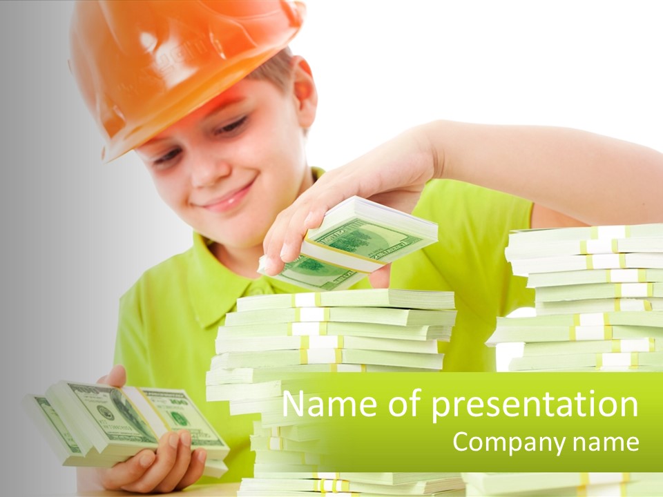 A Young Boy In A Hard Hat Putting Money Into Stacks PowerPoint Template