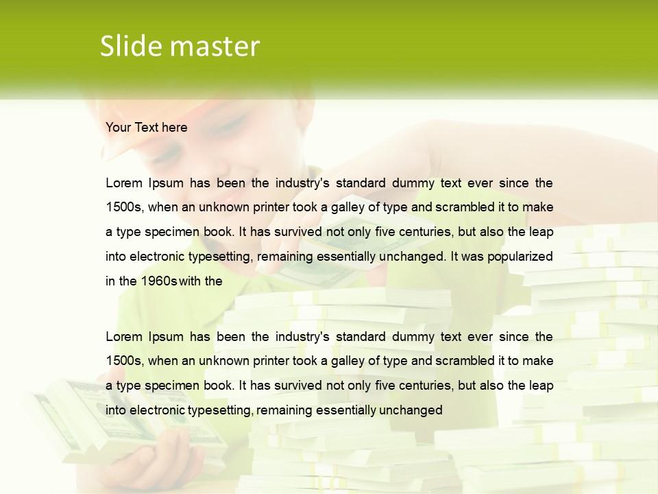 A Young Boy In A Hard Hat Putting Money Into Stacks PowerPoint Template