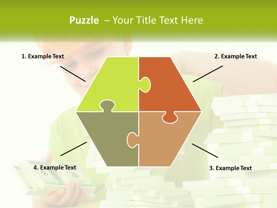 A Young Boy In A Hard Hat Putting Money Into Stacks PowerPoint Template