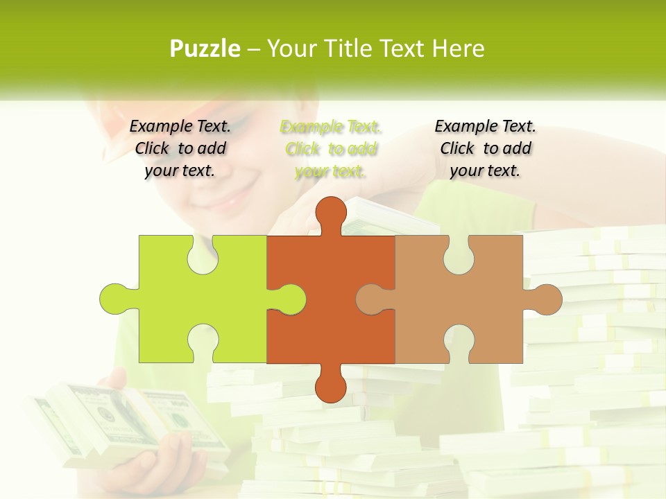 A Young Boy In A Hard Hat Putting Money Into Stacks PowerPoint Template