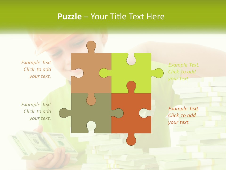 A Young Boy In A Hard Hat Putting Money Into Stacks PowerPoint Template