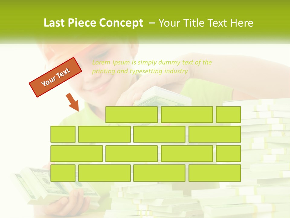 A Young Boy In A Hard Hat Putting Money Into Stacks PowerPoint Template