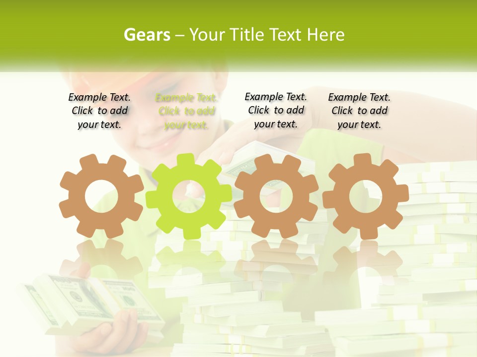 A Young Boy In A Hard Hat Putting Money Into Stacks PowerPoint Template