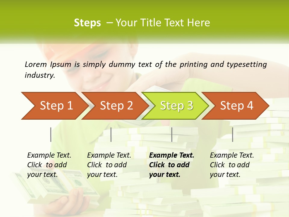 A Young Boy In A Hard Hat Putting Money Into Stacks PowerPoint Template