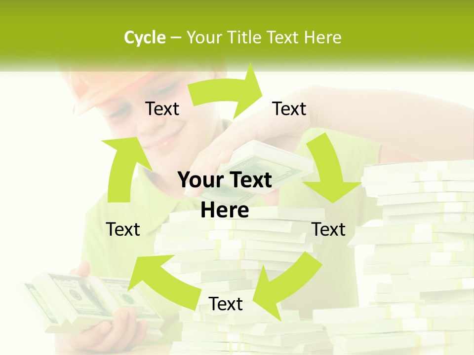 A Young Boy In A Hard Hat Putting Money Into Stacks PowerPoint Template