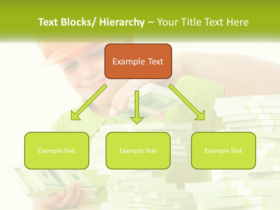 A Young Boy In A Hard Hat Putting Money Into Stacks PowerPoint Template