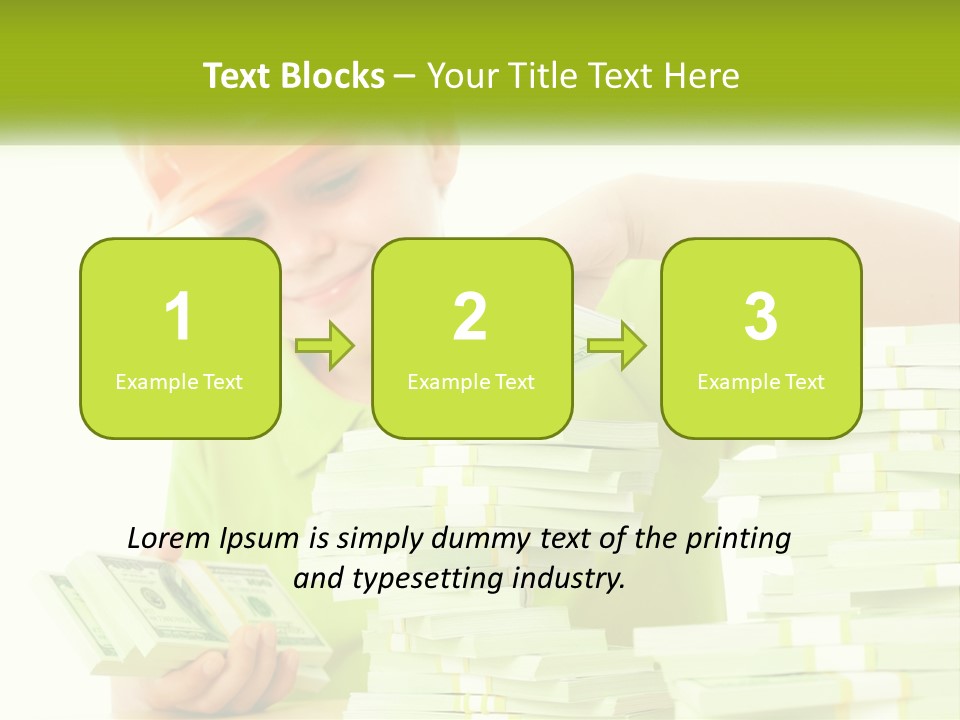 A Young Boy In A Hard Hat Putting Money Into Stacks PowerPoint Template
