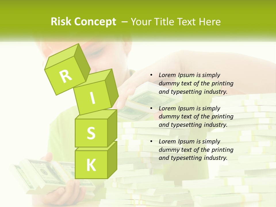 A Young Boy In A Hard Hat Putting Money Into Stacks PowerPoint Template