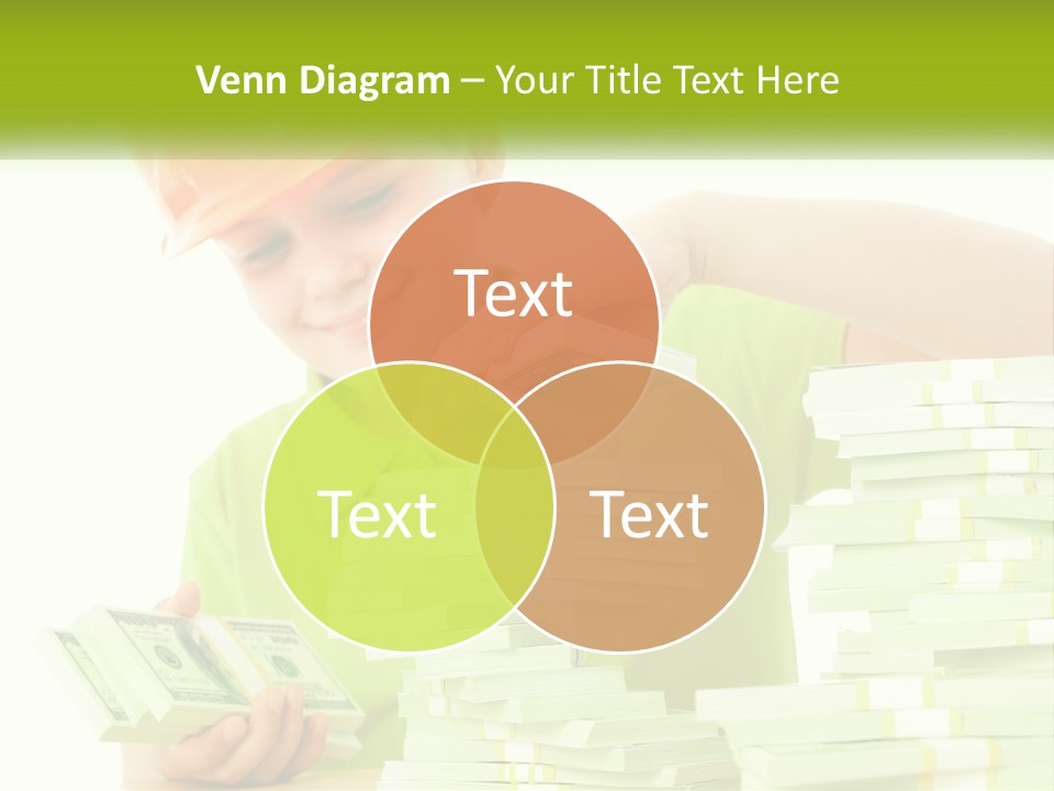 A Young Boy In A Hard Hat Putting Money Into Stacks PowerPoint Template