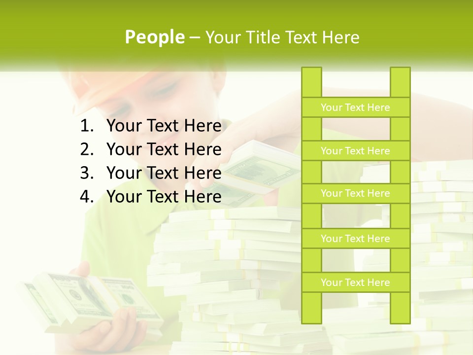 A Young Boy In A Hard Hat Putting Money Into Stacks PowerPoint Template