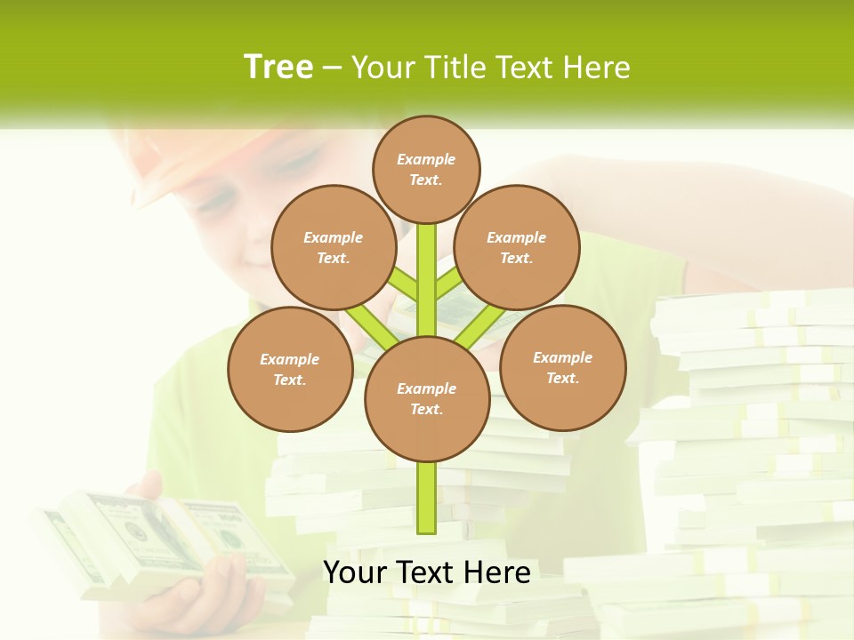 A Young Boy In A Hard Hat Putting Money Into Stacks PowerPoint Template