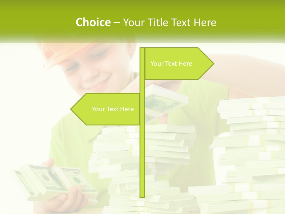 A Young Boy In A Hard Hat Putting Money Into Stacks PowerPoint Template