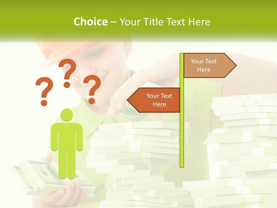 A Young Boy In A Hard Hat Putting Money Into Stacks PowerPoint Template