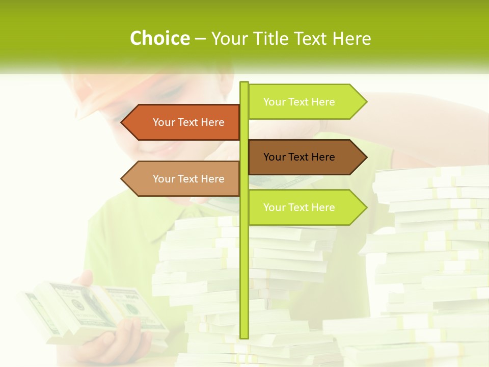 A Young Boy In A Hard Hat Putting Money Into Stacks PowerPoint Template