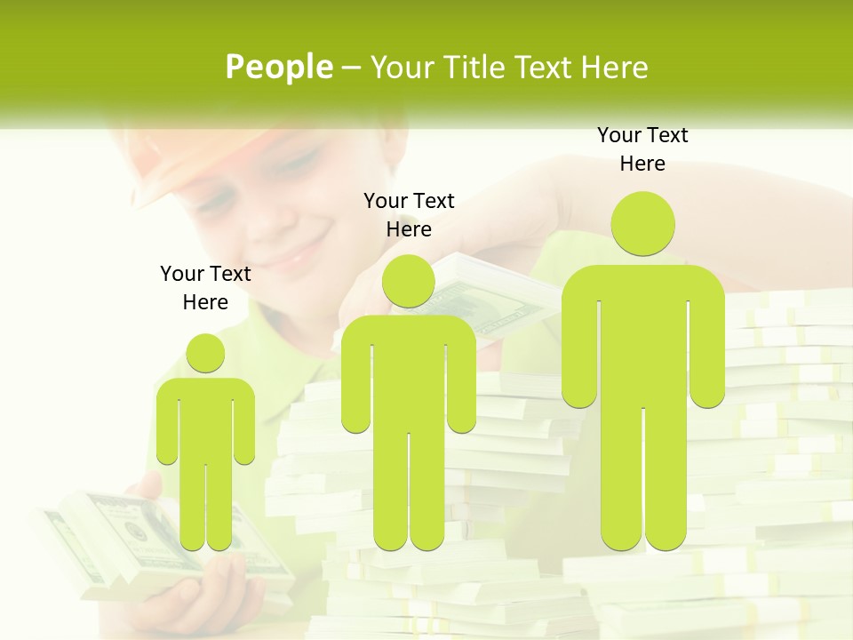 A Young Boy In A Hard Hat Putting Money Into Stacks PowerPoint Template