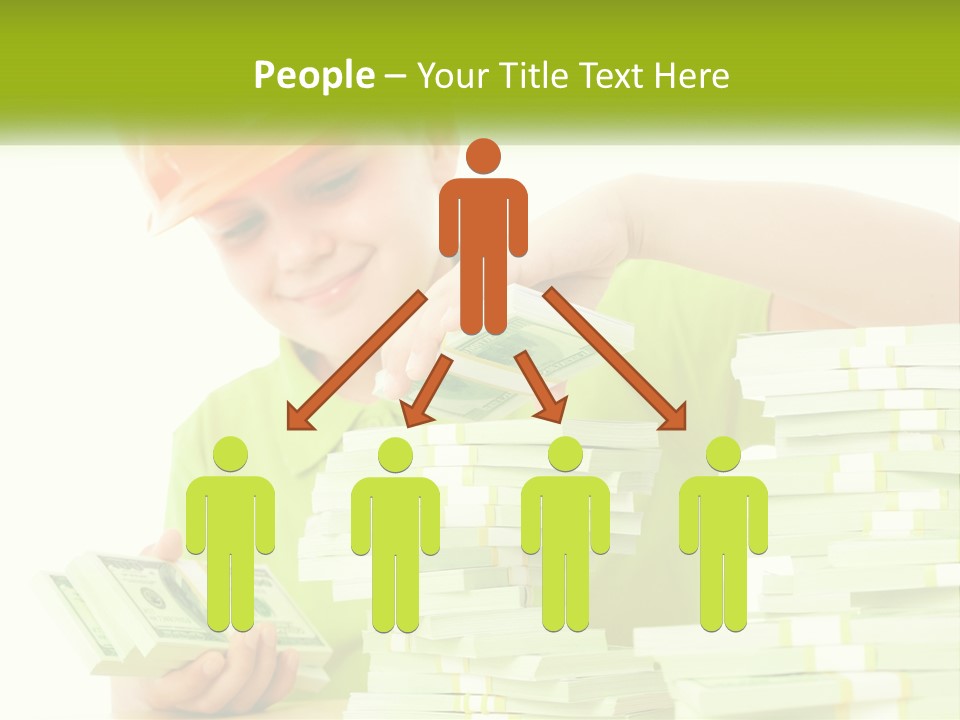 A Young Boy In A Hard Hat Putting Money Into Stacks PowerPoint Template