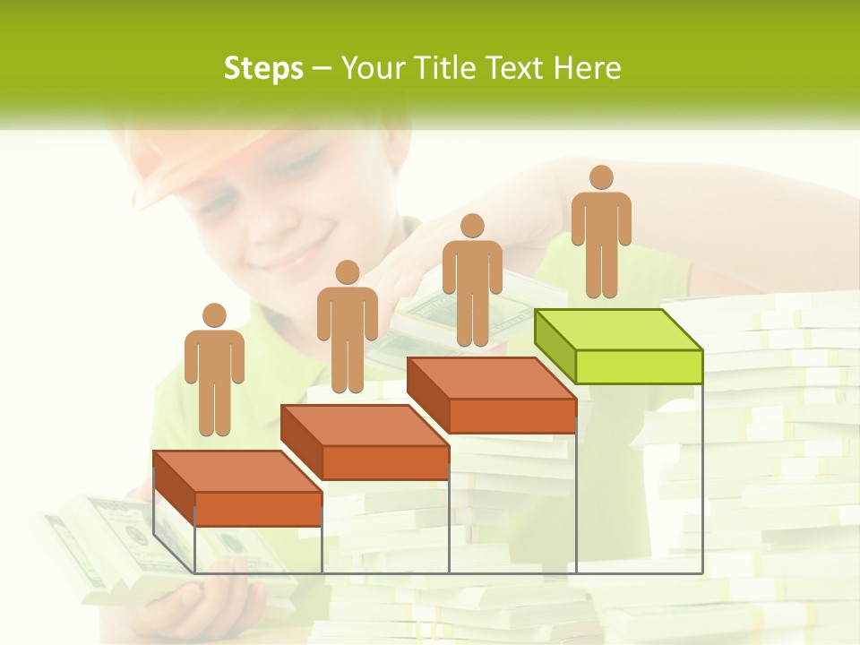 A Young Boy In A Hard Hat Putting Money Into Stacks PowerPoint Template
