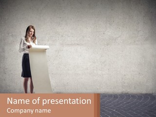 A Woman Standing Behind A Podium With Her Arms Folded PowerPoint Template