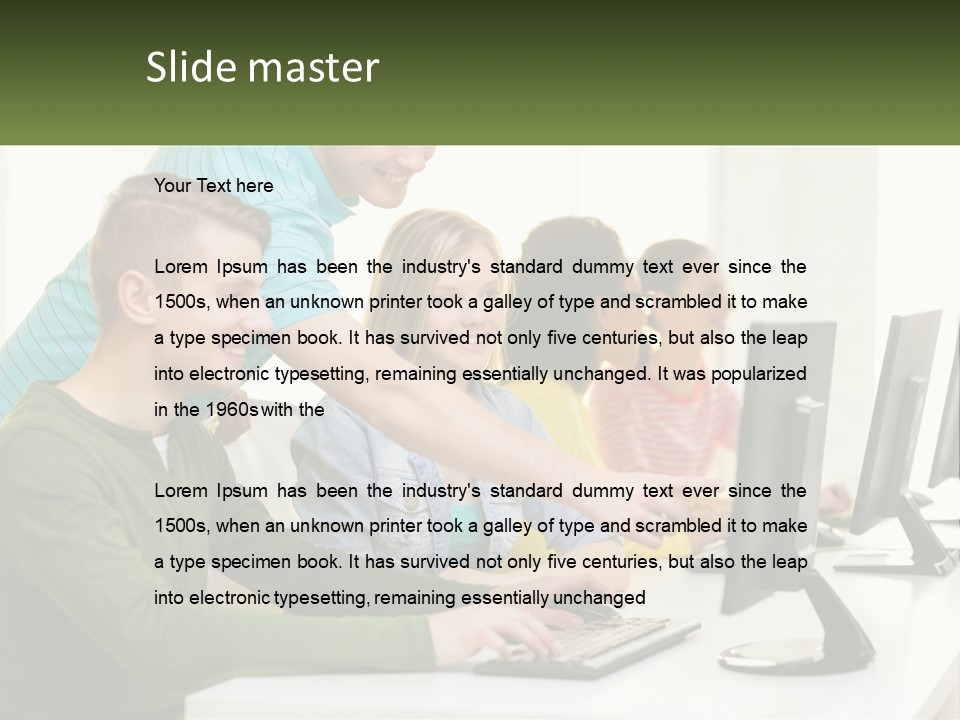 A Group Of People Sitting At A Computer Desk PowerPoint Template